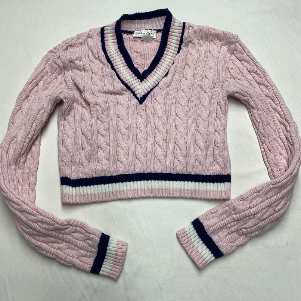 Glory US Pink Cable Knit V-Neck Cropped Sweater Navy Stripe Trim Made in USA